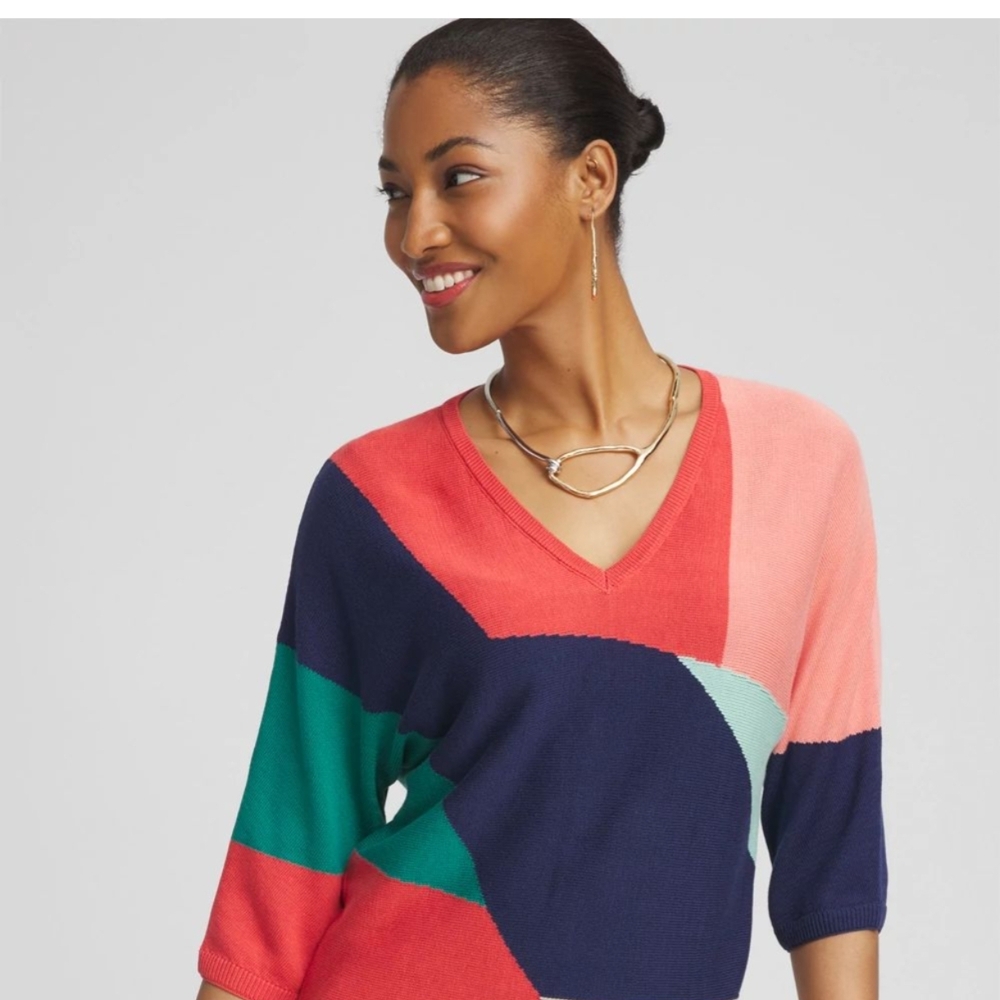 Chico's Colorblock Intarsia Pullover Sweater